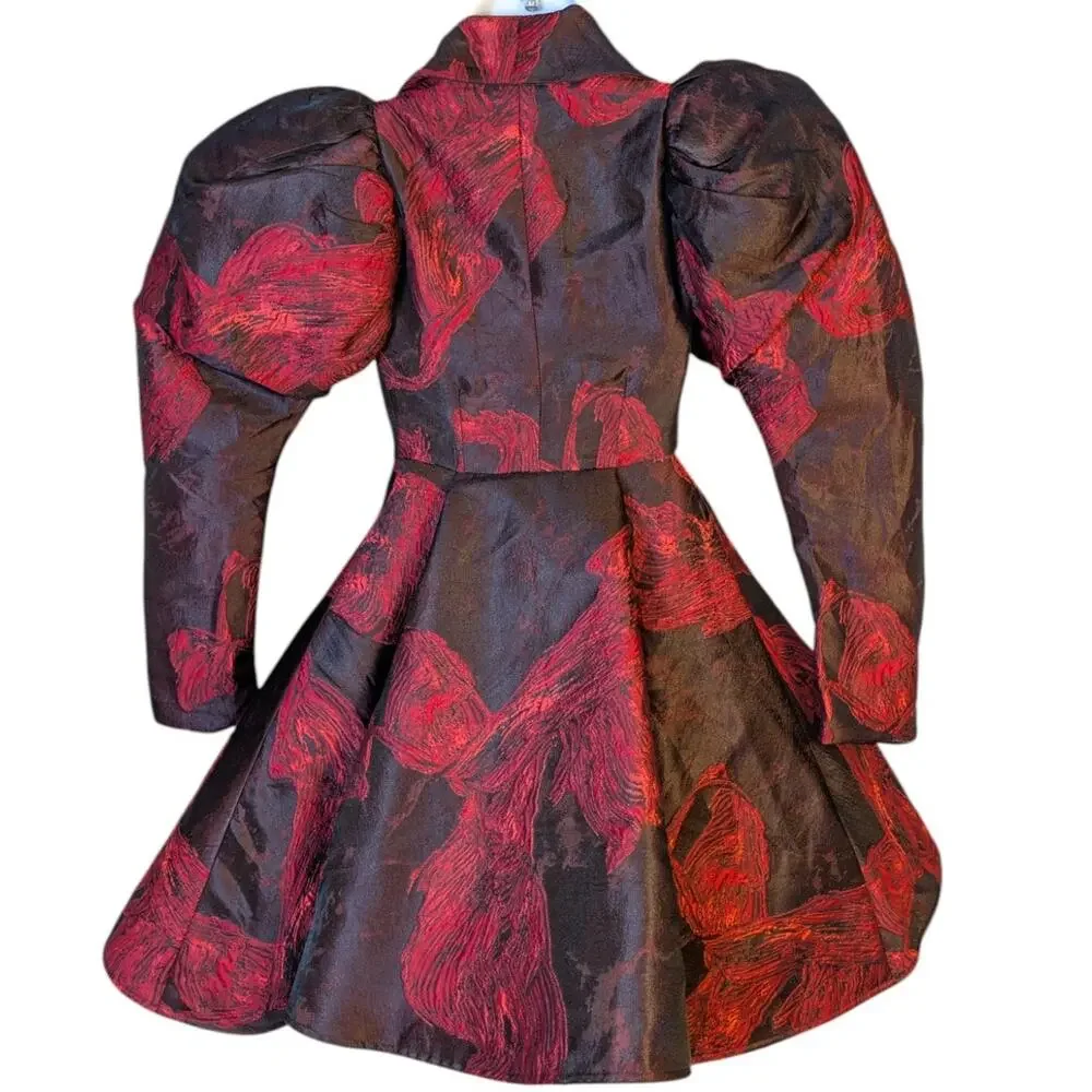 Vintage 80s Issabeau Girls Brocade Party Coat Dress Red Black Jacquard Fit Flare